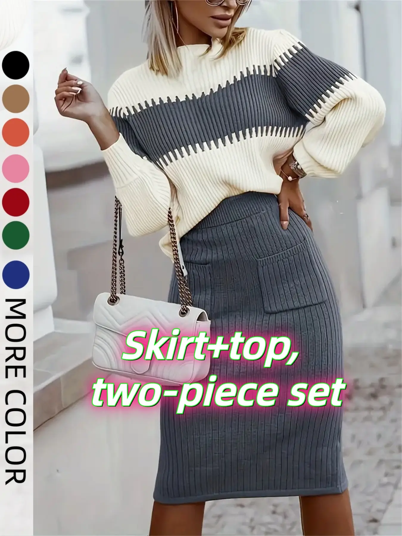 Women's Colorblock Bishop Sleeve Mock Neck Sweater & High Waist Skirt Set, Casual Long Sleeve Jumper & Pocket Split Hem Skirt Set for Fall & Winter, L