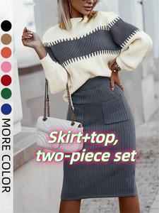 women's colorblock bishop sleeve mock neck sweater & high waist skirt set, casual long sleeve jumper & pocket split hem skirt set for fall & winter, going out suits, womenswear, high skirt outfit