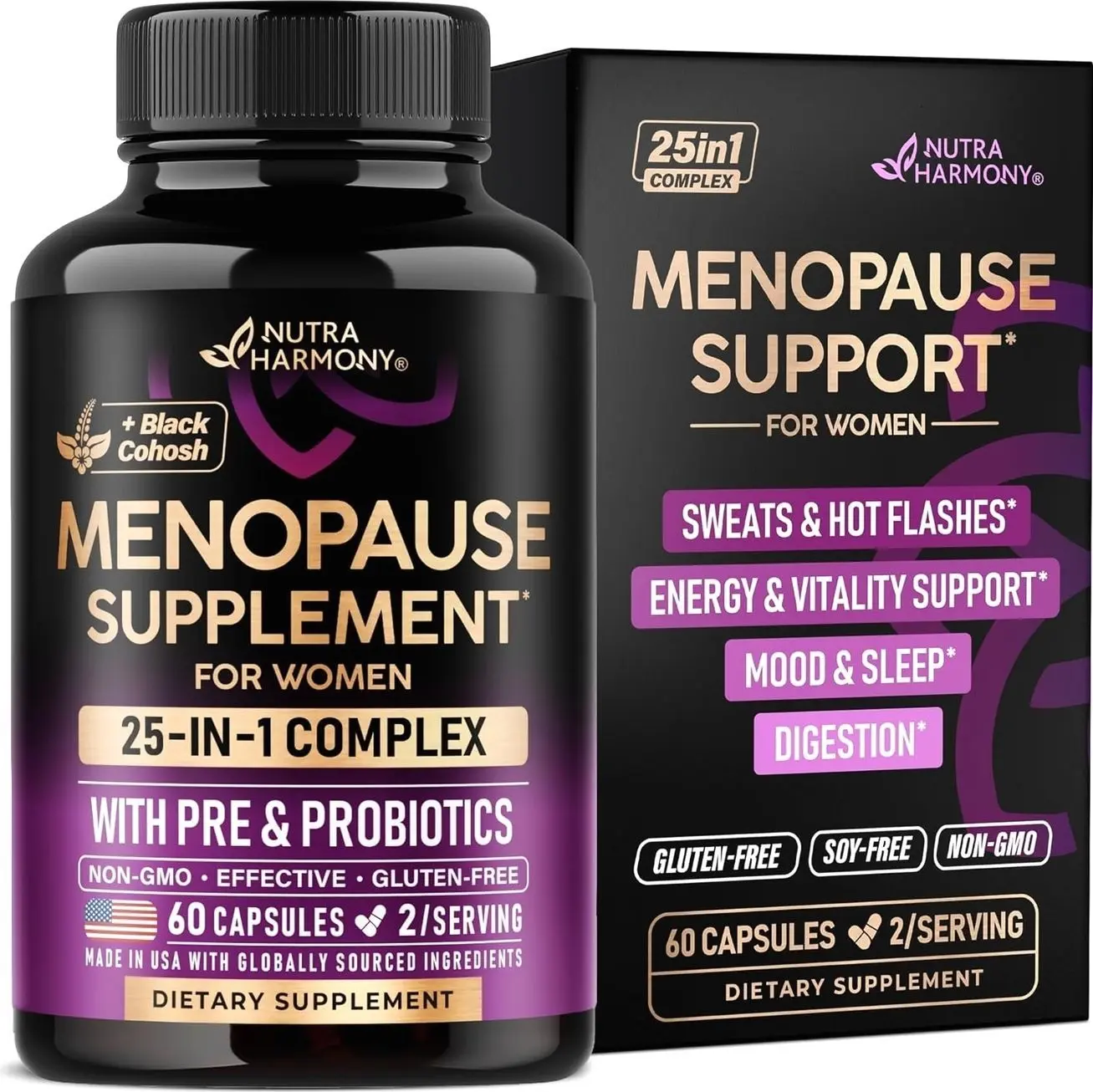 Menopause Supplements for Women - Black Cohosh, Pre & Probiotics - 60 Caps | Sweats & Hot Flashes Relief - Digestion, Sleep & Mood Support - 25in1 Complex - Dong Quai, Red Clover & Vitamins - Lab Tested