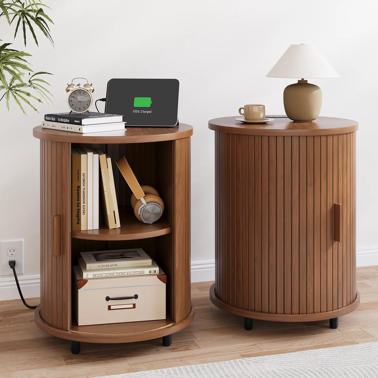 【SummerFinds】ONBRILL Round End Table Set of 2 with Charging Station, Mid Century Bedside Table with Sliding Door & 2 Tier Storage, Modern Nightstands Set of 2 for Living Room, Bedroom, Entryway SummerFinds