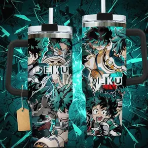 My Hero Academia Deku 40oz Tumbler with Handle | Izuku Midoriya Anime Collage Travel Mug with Straw | Premium Insulated Fan Gift Idea