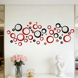72PC, Red and black hollow circular acrylic mirror wall sticker, Wall Decal, suitable for home decoration (living room, bathroom, bedroom background, lintel), DIY detachable wall sticker
