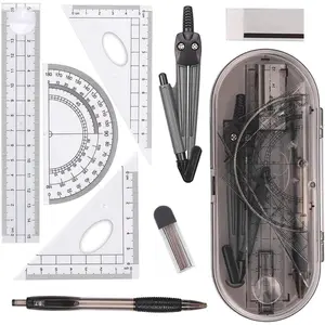 8 Pieces Math Geometry Kit Set Student Supplies with Shatterproof Storage Box Includes Rulers Protractor Compass Pencil Lead Refills Pencil Eraser for Students and Engineering Drawings