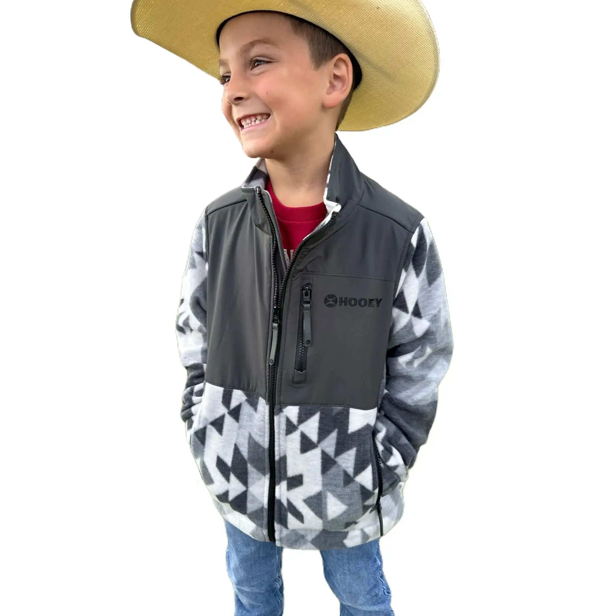 Hooey Tech Fleece Youth Jacket with Charcoal and Grey Aztec Print Full Zipper Closure & Chest Pocket Ideal for Outdoor Activities