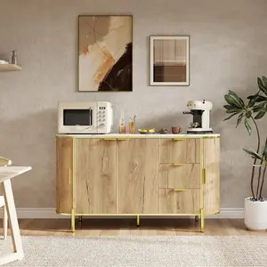 Natural Oak Sideboard Buffet Cabinet with Storage 60in Modern Fluted Credenza Storage Cabinet with Faux Marble Top 2 Curved Profile Sliding Doors 3 Drawers Coffee Bar Accent Table for Livingroom