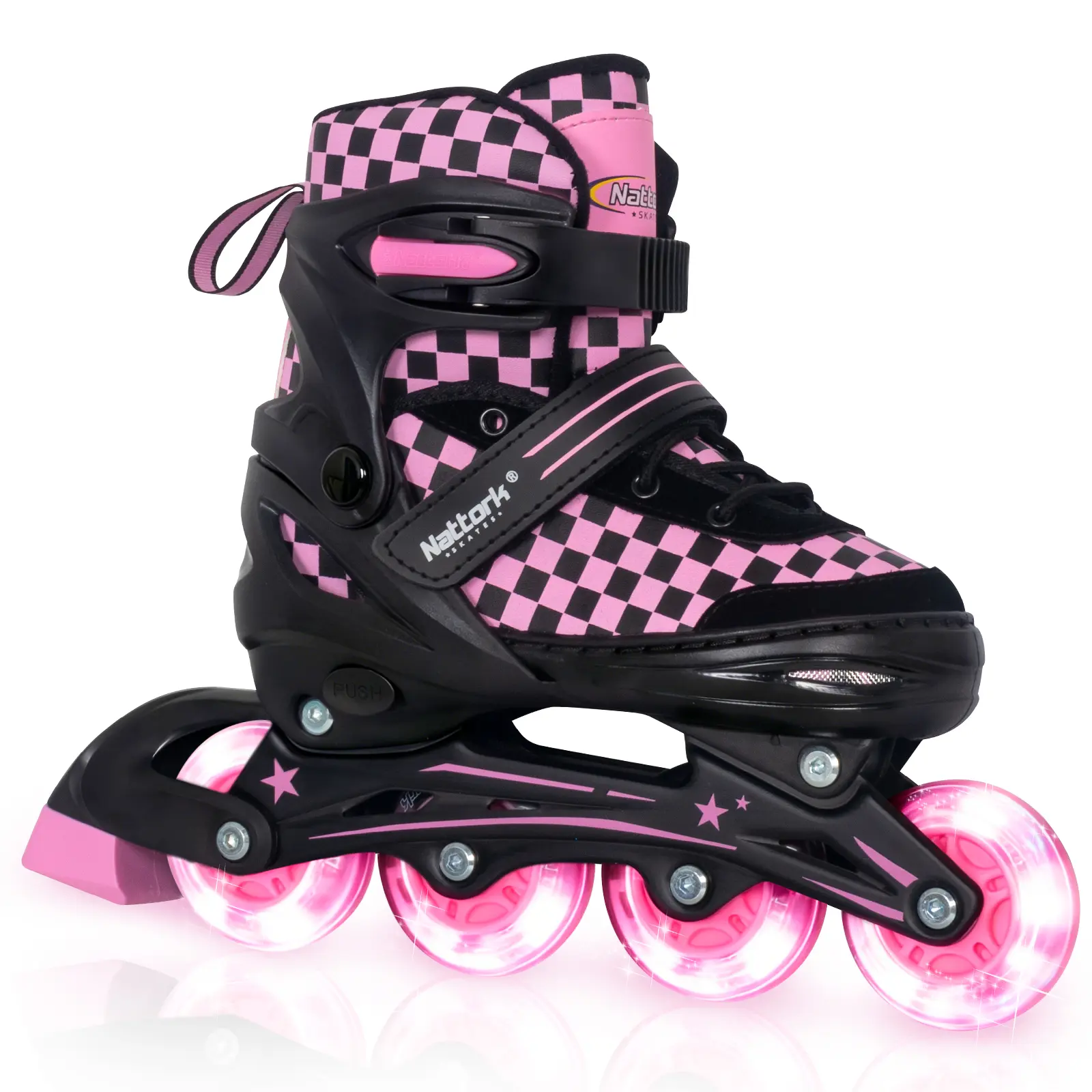 Nattork Checkerboard Inline Skates-Adjustable Roller Skates for Kids Teens, Illuminating Wheels Roller Quad Skates with Checkerboard Design for Boys Girls