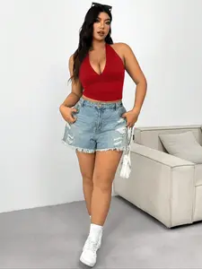 Fashionable Comfortable Sexy Women's Plus Size Backless Halter Fitted Knitted Casual Top, Elegant Design for Summer, Perfect for Parties and Special Occasions, Halter Tank Tops
