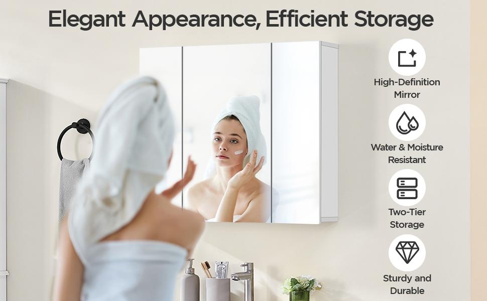 【3 doors】Yaheetech Frameless Mirror Cabinet, Medicine Cabinet with Three Frameless Mirrored Doors, Bathroom Mirror with Storage and Adjustable Shelf, Wall-Mounted Storage Cabinet for Living Room, Laundry Room, Mudroom