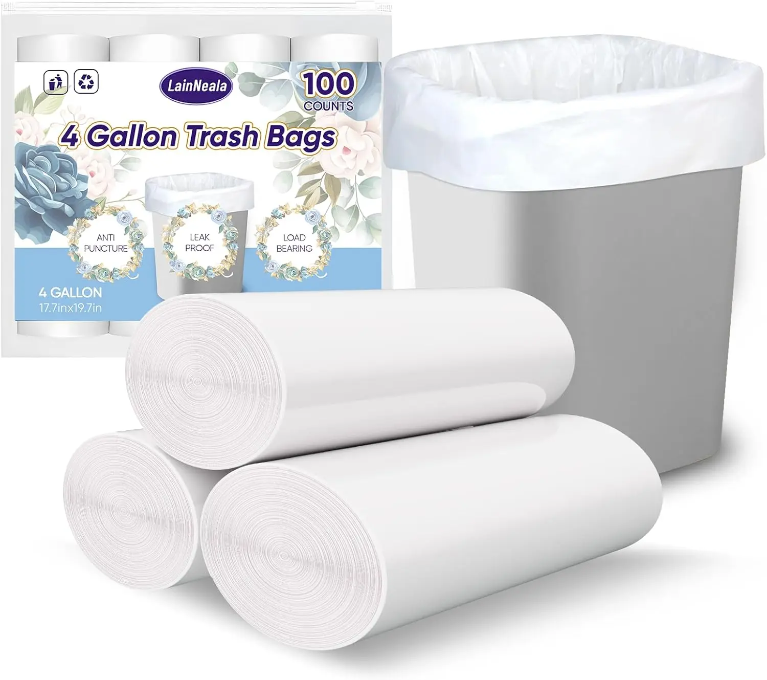 LainNeala 4 Gal Small Trash Bags, 100-Count Unscented White Liners for Bathroom Trash Cans (Home Care Supplies)
