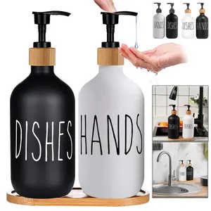 500ml Hand Dish Soap Dispenser Set with Bamboo Tray Refillable Plastic Bottle Shampoo Shower Gel Lotion Liquid Empty Container