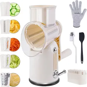 Rotary Cheese Grater with Handle - Includes 5 Stainless  and Feature  Suction Base - Easy to Clean, Cheese Shredder Hand Crank, Multi-Purpose Slicer (White)