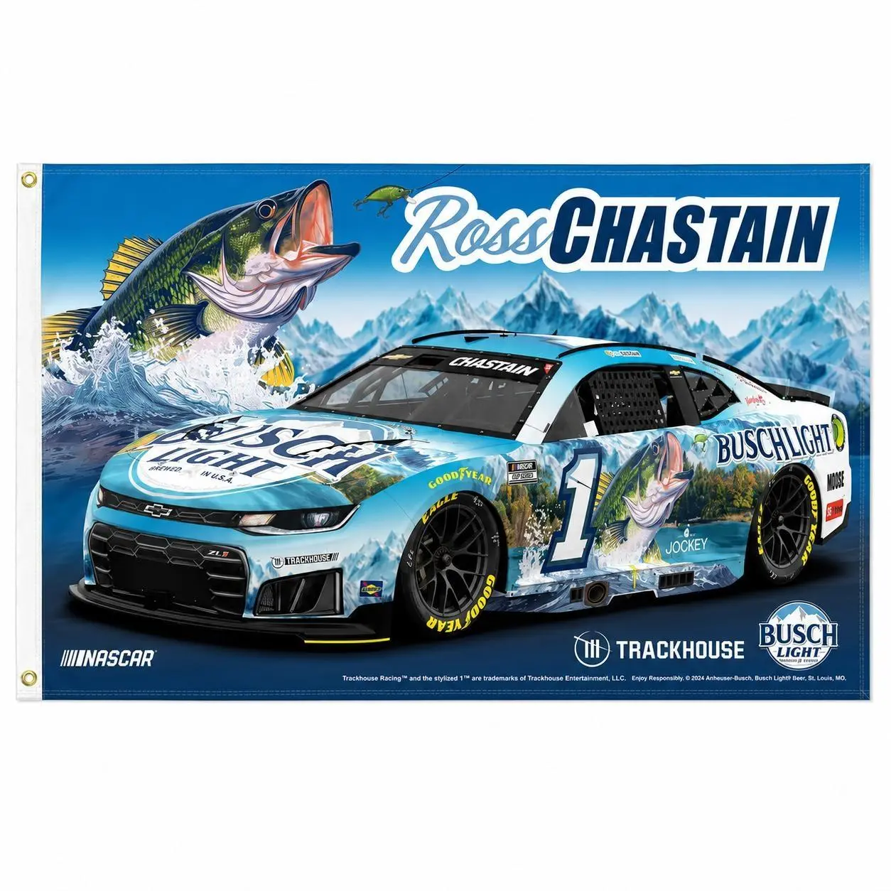 Ross Chastain #1 Busch Light Bass Fishing Flag 3x5FT, NASCAR Race Car Banner, Outdoor Angler Racing Fan Garage Man Cave Wall Decor Gift