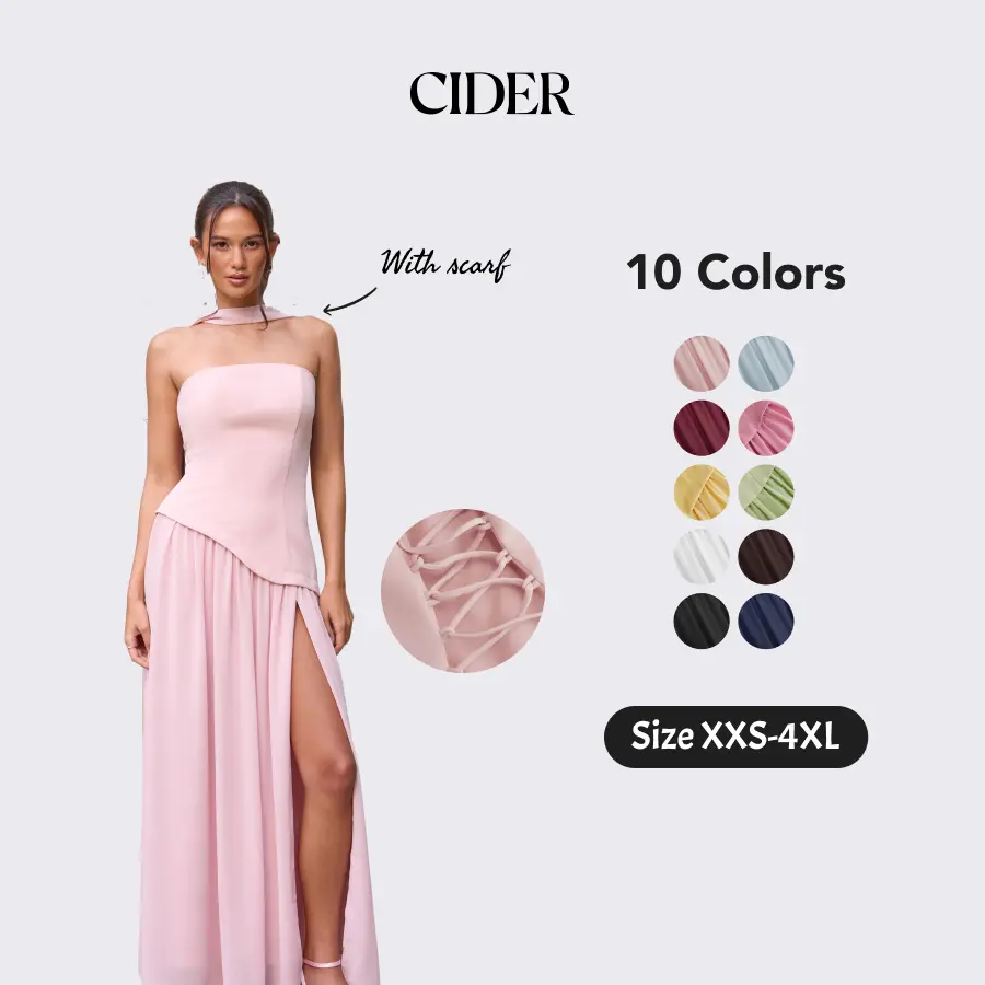 Cider Elegant Vacation Bandeau Dress for Beach Holiday, Sexy Lace Up Maxi Dresses, Ladies Sundress with Scarf, Summer Party Gowns