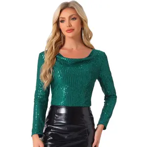 INSPIRE CHIC Women's Sequin Glitter Cowl Neck Long Sleeve Sparkle Clubwear Blouse Dark Green Large