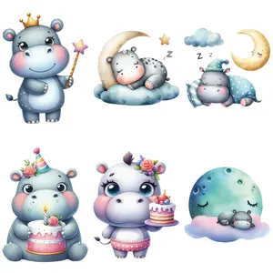 Cute Cartoon Hippo Colorful Heat Transfer Stickers, Fashion DTF Iron-On Patterns, Washable Fabric Patches for DIY Clothes, Bags, Hats, Handicraft