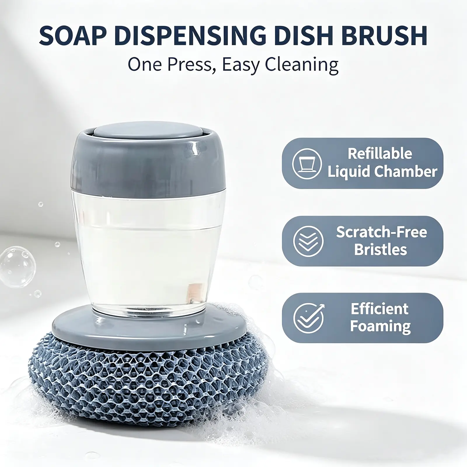 Dish Scrubber with Soap Dispenser, Steel Wool Scrubber with Replaceable Steel Wool, Transparent Cleaning Solution ,Frying pan cleaning brush, plates, Gentle-on-the-hands cleaning brush