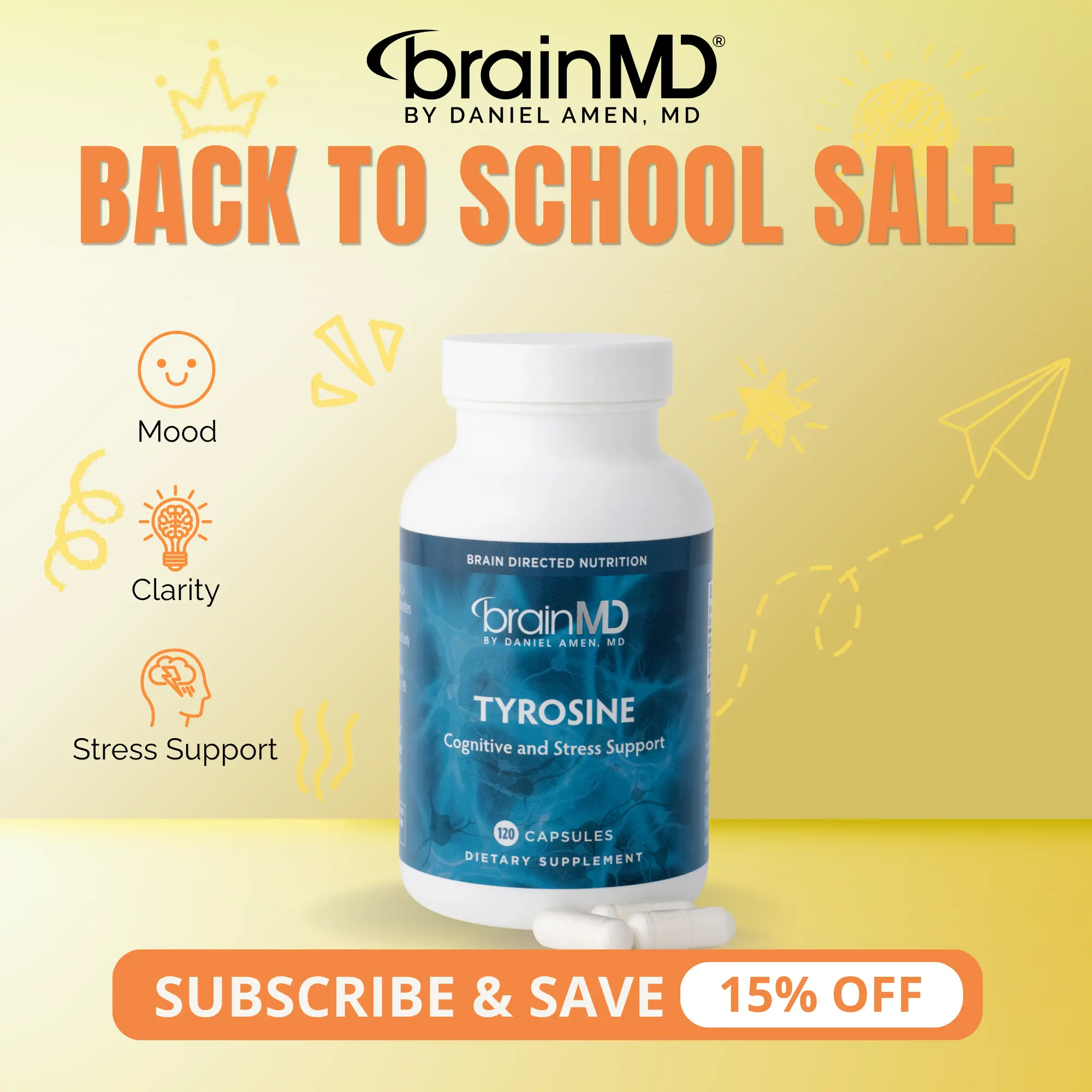 Tyrosine | BrainMD | 120 Capsules | Focus & Mental Clarity Support | Stress Resilience & Mood Support | L-Tyrosine Amino Acid