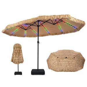 COSTWAY 15 FT Solar Tiki Patio Umbrella with Base Included, Double-sided Hawaiian Style Thatched Market Table Umbrella with144 Multi-colored Flowing LED Lights, 12 Modes, Crank Handle, 12 Ribs, PE Grass Outdoor Umbrell for Pool Deck Garden Backyard