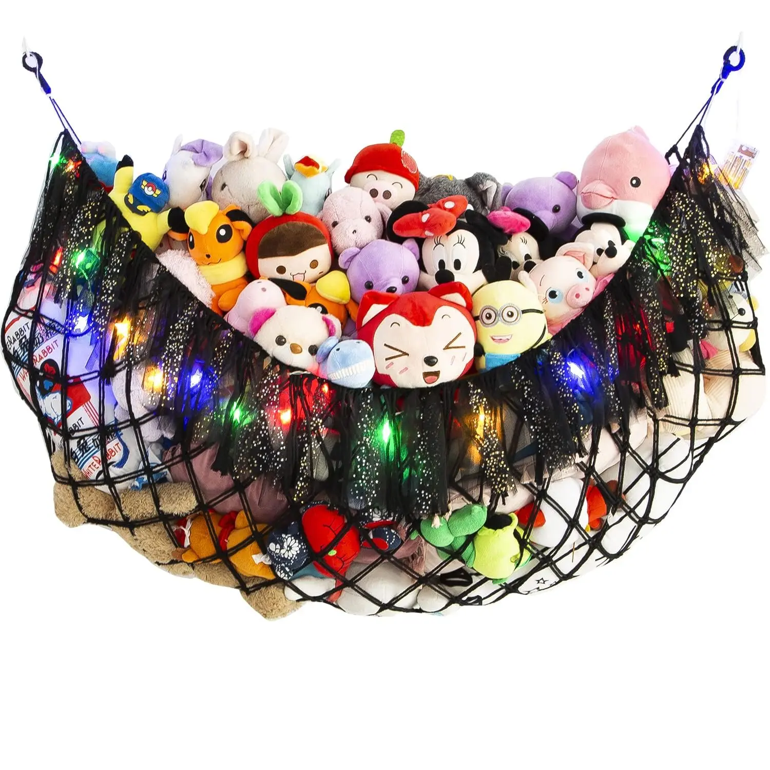 Large Stuffed Animal Hammock With Light Wall Mounted- Squishmallow Plushies Net Stuff Organizer Boho Macrame Corner Hanging For Storage Bedroom Playroom Decor-black