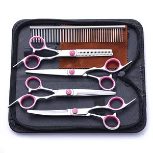 5Pcs Professional Dog Grooming Scissors Set - 7.0" 6CR Stainless Steel Kit with Safety Round Tips, Ergonomic Straight/Curved/Thinning Shears, Case - Heavy Duty Pet Hair Trimmer Tools for Poodles