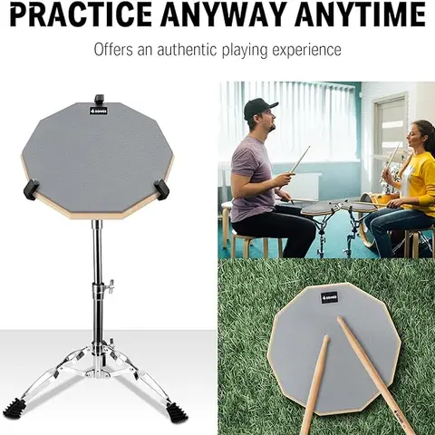 Donner 8-Inch Silent 2-Sided Rubber/EVA Percussion Practice Pad with Drum Sticks - High-Density Compressed Wood Percussion Instrument, Drum Accessories for Family (Gray/Blue)