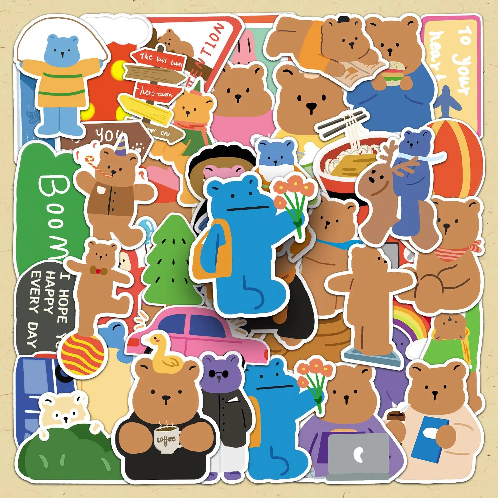Cartoon Bear Pattern Sticker, 50pcs/set Cute Cartoon Bear Decorative Sticker, DIY Decals for Water Bottle, Laptop, Phone Case, Scrapbooking, Journal Making