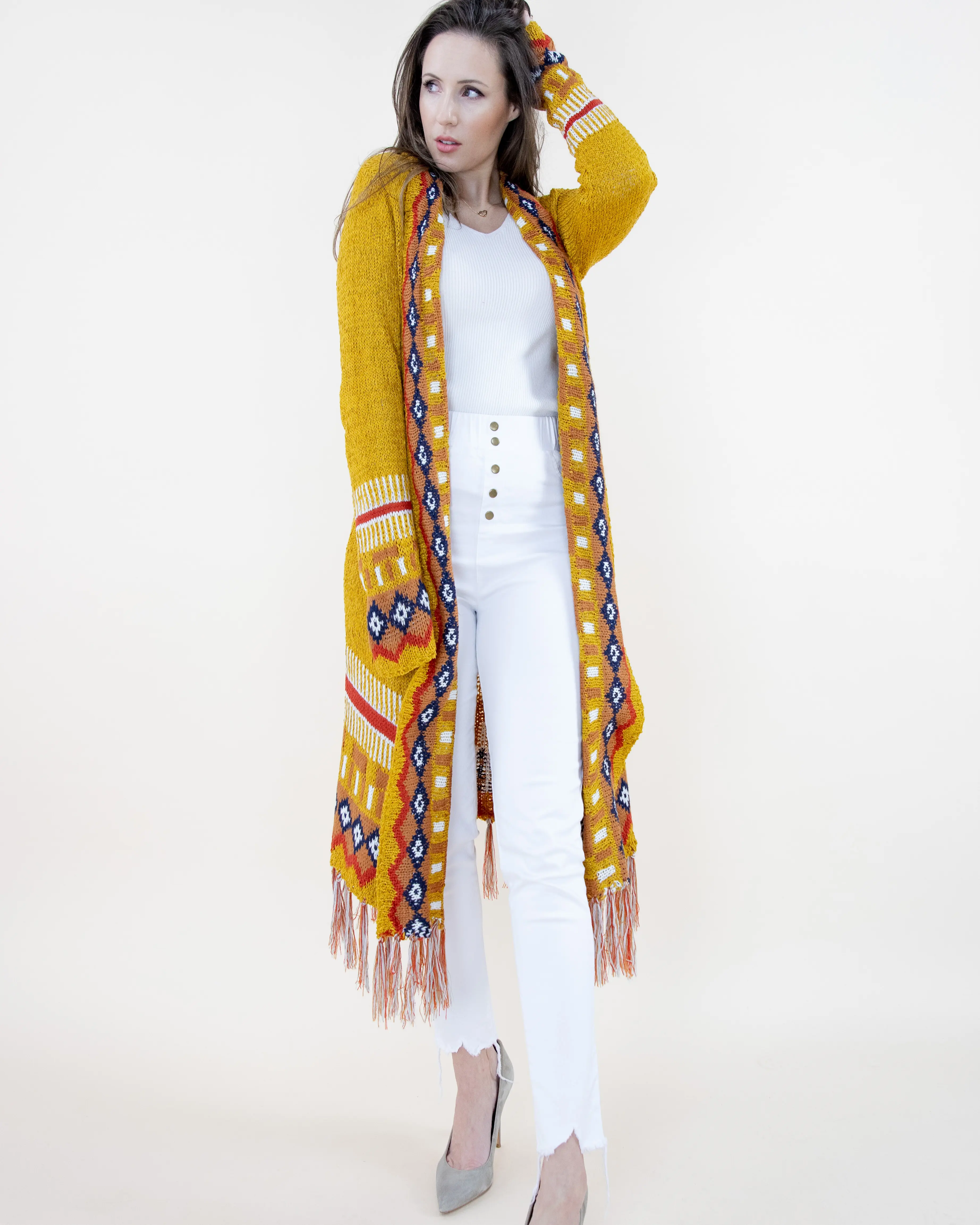 Original USA Women's Tribal Boho Fringe Long Knit Cardigan, Casual Comfort Style, Knitwear, Casual Longsleeves Cardigan, Ethnic Pattern Cardigan