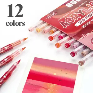 12 Colors Acrylic Markers Red Series Brush Tip Acrylic Soft Pen Tip for Christmas Painting Comic Drawing Coloring DIY CD Shoes Stone Art Supplies