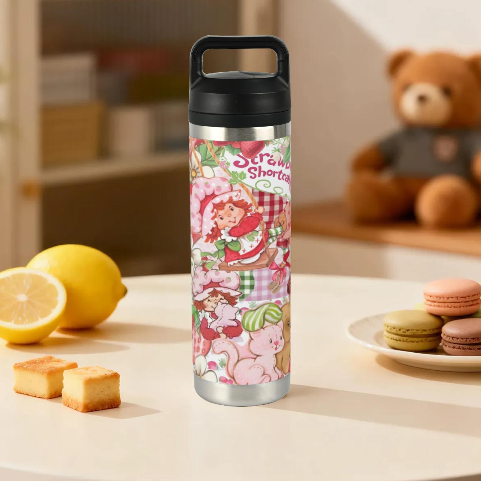 20oz New Stainless Steel Handled Tumbler Strawberry Shortcake Design Portable Water Bottle for Home Office School TikTok Viral Cup Trending Aesthetic Reusable Gift Cute Girls Tumbler
