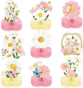 9 Pcs Daisy Flower Birthday Party Decorations Daisy Butterfly Honeycomb Centerpieces 3D Daisy Centerpieces for Tables Pink Daisy Table Toppers Boho Groovy Party Decorations Girl Baby Shower