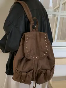 Fashionable  simple  practical and versatile backpack,  drawstring design  multiple pockets   personalized rivet embellishment, casual   trendy retro, suitable for daily travel, shopping and travel, etc.