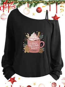 Plus Size Women's Loose-Fit Letter Print Long Sleeve Cami Top, Asymmetrical Neckline, All Seasons, Moderate Fabric, Sizes 1-8xl