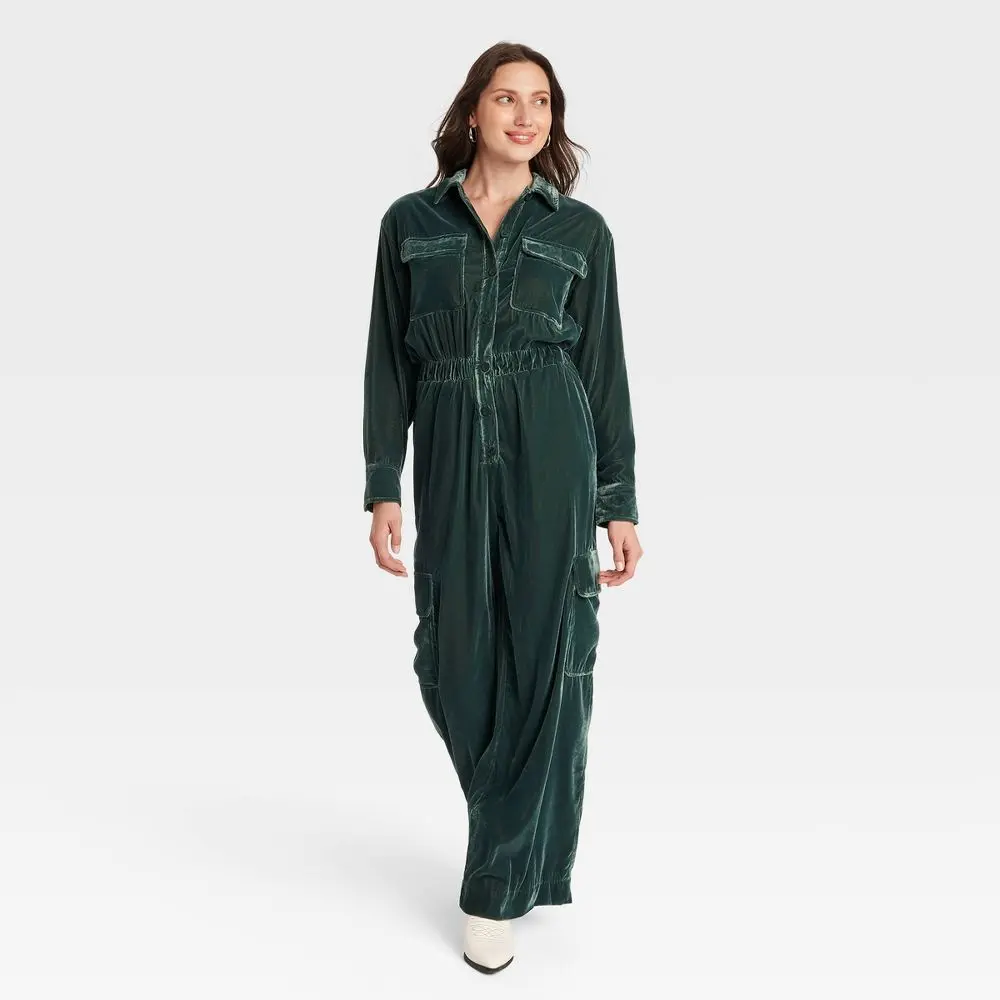Women's Long Sleeve Velvet Cargo Jumpsuit - Universal Thread Green 4