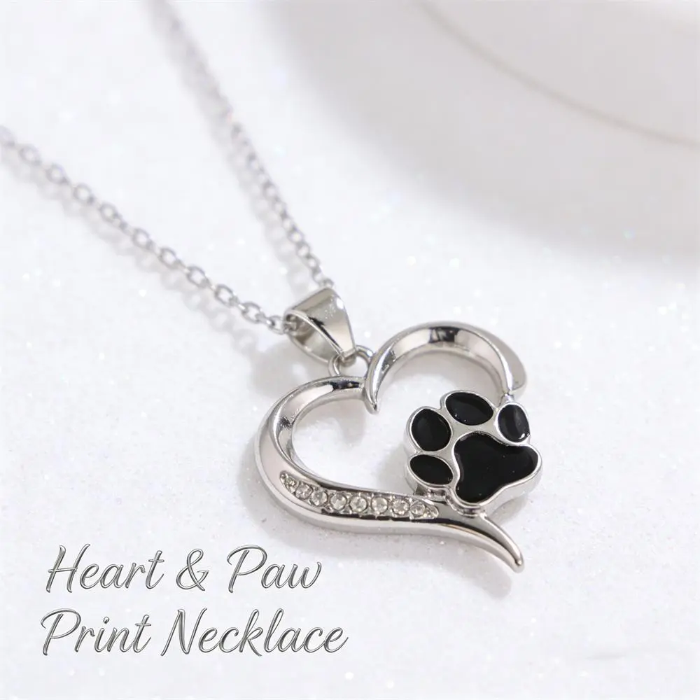 Women's Cute Black Paw Print Heart Necklace - Premium Zinc Alloy Pendant with Shiny Rhinestones, 45+5cm Adjustable Long Chain, Stainless Steel Metal Coating, Casual Daily Animal Jewelry for Pet Lovers, Ideal Gift for Dog Cat Owners