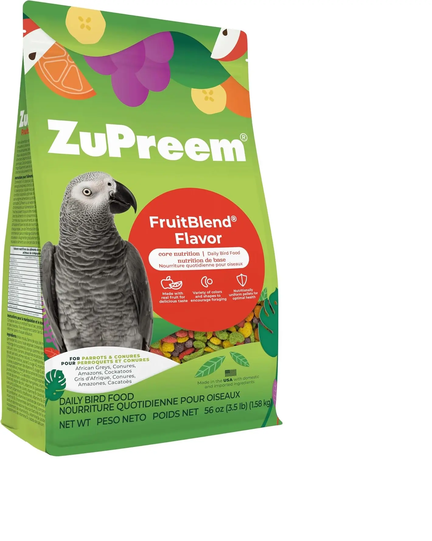 ZuPreem FruitBlend Parrot & Conure Food, Uniform Bird Food, M/L, 3.5 lb | Bird Food Pellets, Real Fruit, Fruit Blend, Conures, African Greys, Caiques, Eclectus, Cockatoos, Medium Large Birds, USA