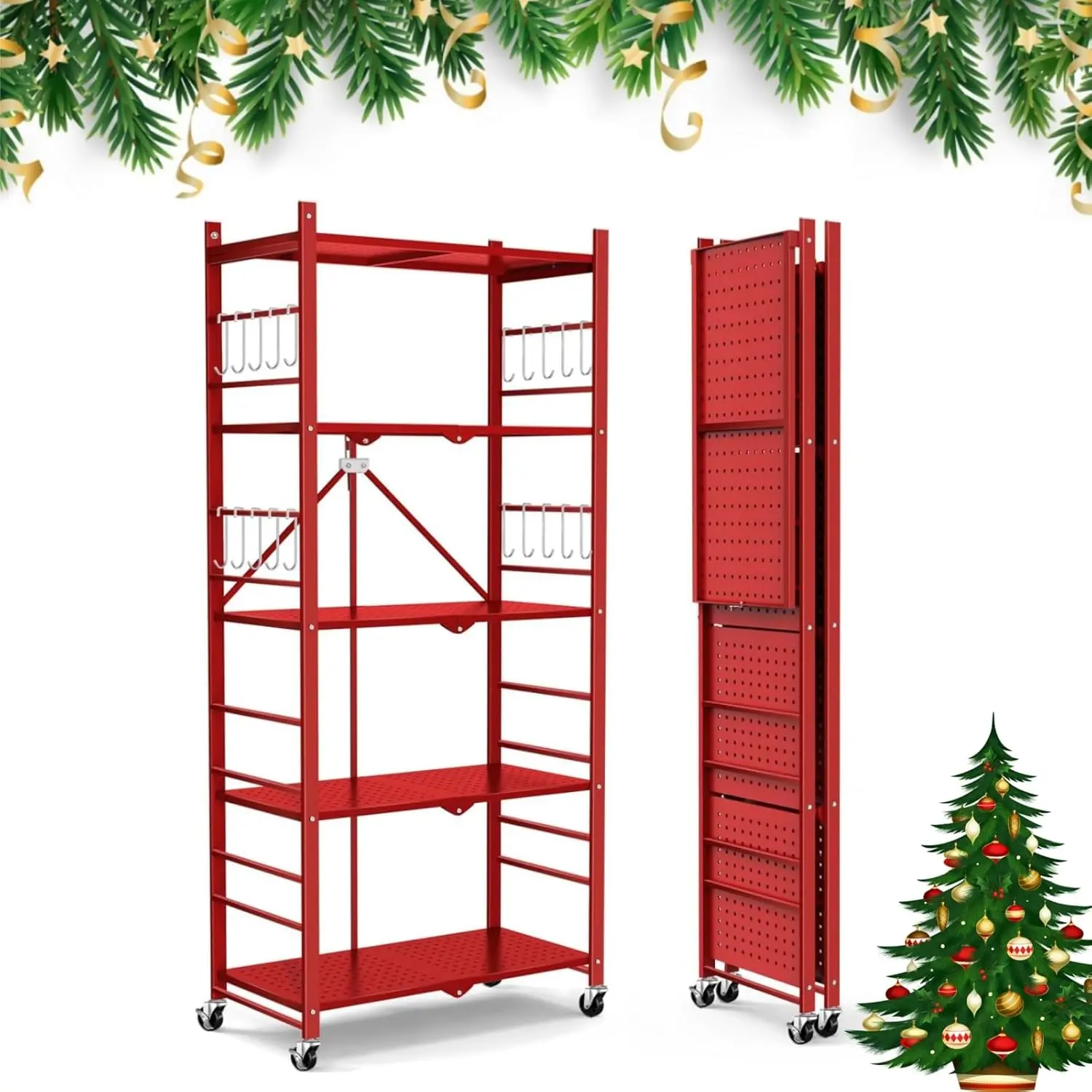 Himix Storage Shelves with 20 Hooks, 5-Tier Foldable Shelves for Storage, Folding Utility Shelf Unit Pantry Shelves with Wheels, Metal Shelving Unit Rack for Garage Christmas Room, Red - No Assembly Organiser Adjustable