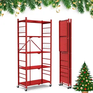 Himix Storage Shelves with 20 Hooks, 5-Tier Foldable Shelves for Storage, Folding Utility Shelf Unit Pantry Shelves with Wheels, Metal Shelving Unit Rack for Garage Christmas Room, Red - No Assembly Organiser Adjustable