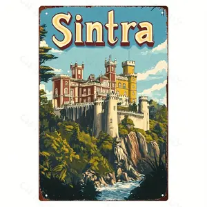 1pc Vintage Portugal Travel Poster Aluminum Sign Pre-Drilled Durable Aluminium Art For Home Office Cafe Decor Portuguese City Landmark Illustration Craft Tool For Wall Decor And Sculpture