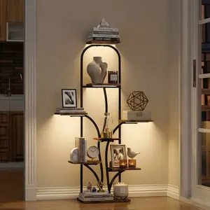 Bookcase Storage Shelf with Lights, 8-Tier Corner Display Rack, 51'' Tall Ladder Style Organizer Stand for Books, Decor & Collectibles, Tree-Shaped Arch Home Storage Shelf for Living Room, Bedroom & Home Decor