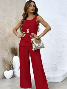 Two-piece women's red sleeveless double-layer top + wide-leg trousers, Fashion clothes set, light and mature aura style, suitable for light formal, business leisure, daily commuting