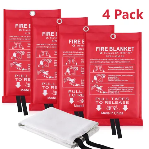 4-Pack 40x40in Fiberglass Fireproof Blankets, Flame Retardant Emergency Survival Supplies, Compact Multi-Fire Ready Safety Gear for Camping, Home Use, Easy-to-Use for All Ages