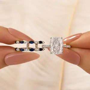Maxine CZ 6.5ct Cushion Cut Insert 2PC Engagement Ring Set,White & Blue Stone Bridal Ring Set,5A Cubic Zirconia Women's Ring Jewelry,Wedding Ring Set for Daily,Travel,Proposal,Birthday,Anniversary