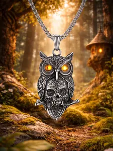 The Armored Kingdom Unisex Dark Goth Owl Skull Necklace, Gothic Medieval Stainless Steel Long Chain Link Necklaces, Ember-Inspired Eyes, Intricate Detailing, for Dark Fantasy Lovers, Daily Wear