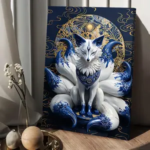 2D canvas, 2D canvas, 2D single-panel majestic and mysterious fox wall art - Mythological-inspired blue and gold canvas print, 29.97X 39.88cm framed decoration, suitable for bedroom, living room, home office - Exquisite pattern, wrapped canvas, for indoor