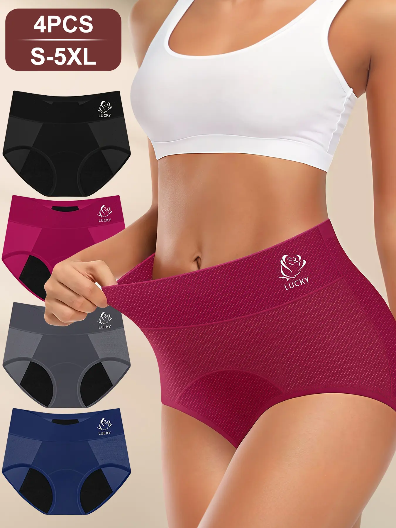 Women's Basic High-Waisted Ice-Silk Mix Thongs Set (4-Piece) - Chic Floral, Breathable Mesh Keeps Cool, Leak-Proof, Abdominal Support, Seamless, Elastic, Minimalist, Comfortable Polyamide-Elastane Lingerie, High Waist Stays Put During Movement, Waterproof