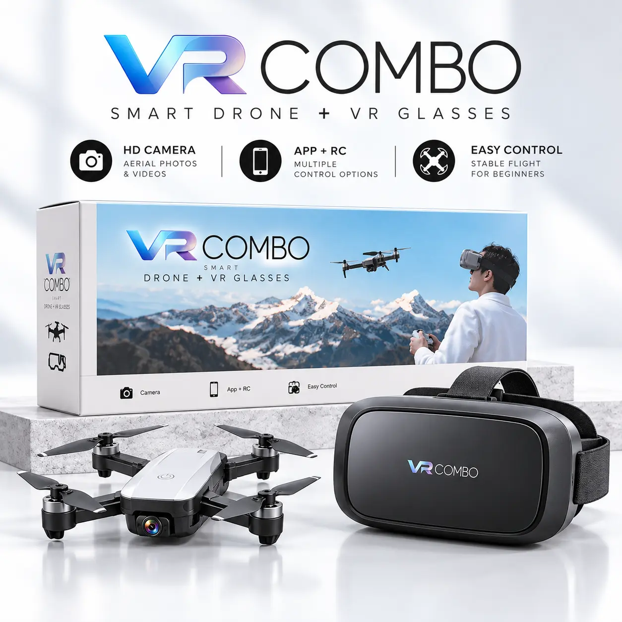 VR Combo Smart Drone with HD Camera & VR Glasses for Aerial Photos Videos Easy Control Stable Flight for Beginners