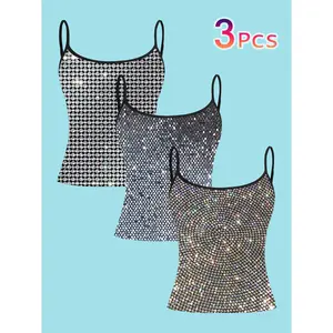 3-Pack Rhinestone Glitter Cami Tops - Spaghetti Strap Slim Fit Party & Club Tees