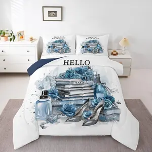 Girly Blue Bedding Set,Silver Fashion Comforter,Women Girls Gray Teal Flower Perfume Duvet Insert, High Heels Magazine Books Floral Bed Set
