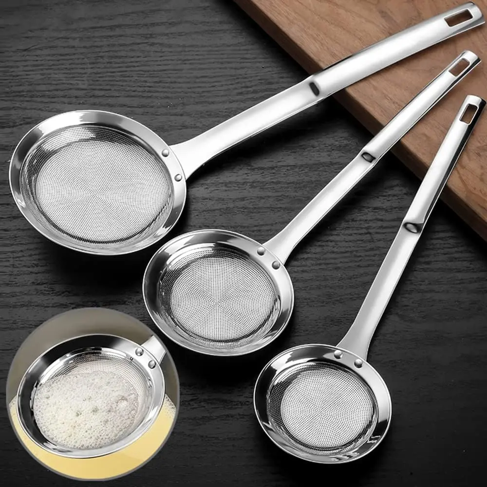 3Pcs Sieve Fine Mesh Strainer Set Stainless Steel Metal Flat Cooking Skimmer Ladle Colander With Handle Food Strainer Kitchen Tools For Kitchen Baking Oil Filter Flour Sifter Foam