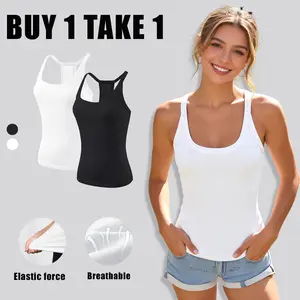 Buy 1 Get 1 Free Women'S Ribbed Tank Top, Breathable & Comfortable Sports Vest, Stretchy Polyester Blend, Versatile Solid Color Design for Casual & Active Wear